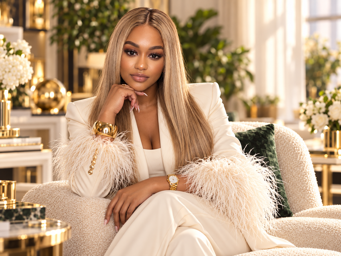 Raye Michel seated in a cream luxury chair in a white suit with feather cuffs