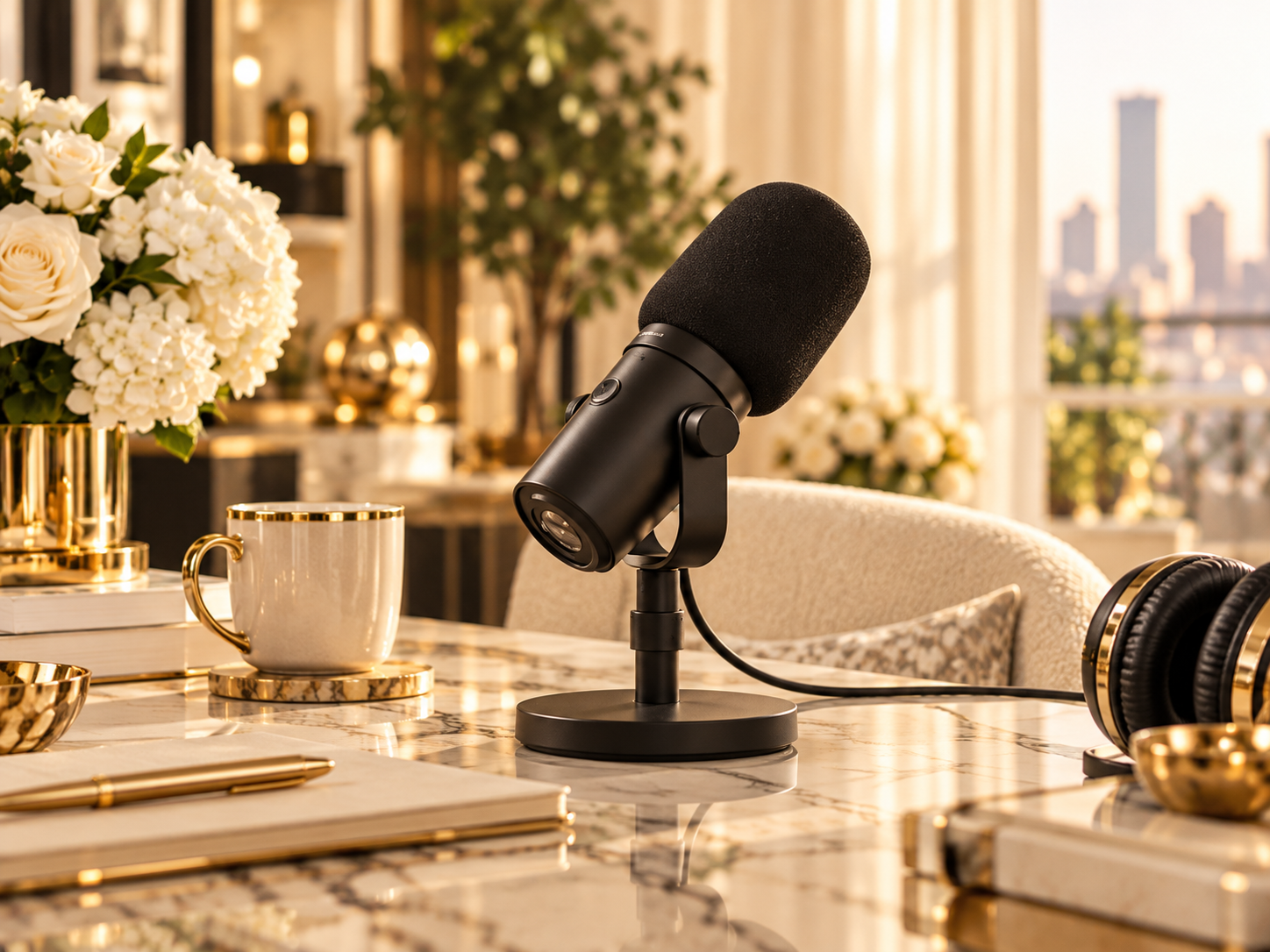 Professional microphone and headphones on a cream and gold desk