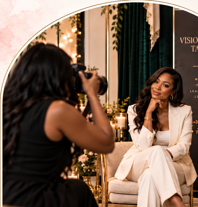 A photographer capturing a woman in a white suit at a candlelit Visionaries Table headshot session