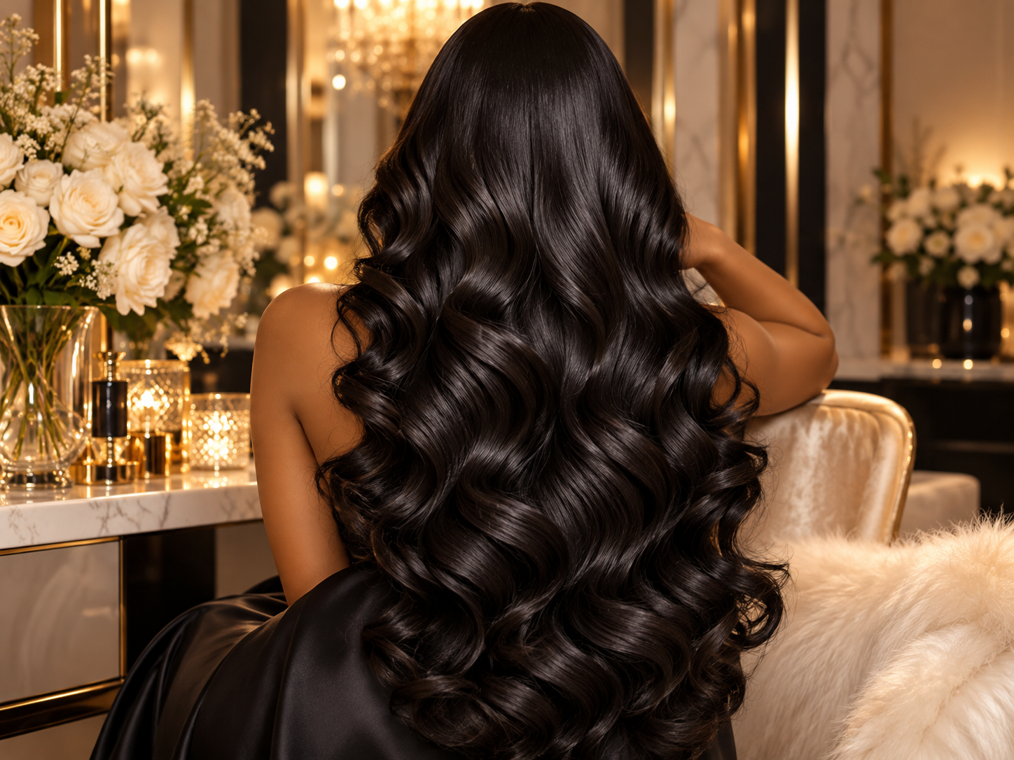 Back view of long, glossy and voluminous curls