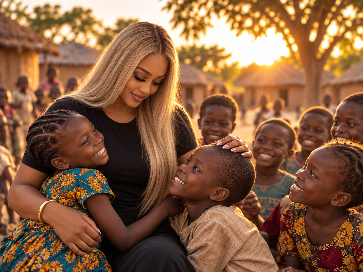 Children connecting warmly with Raye in a sunlit community