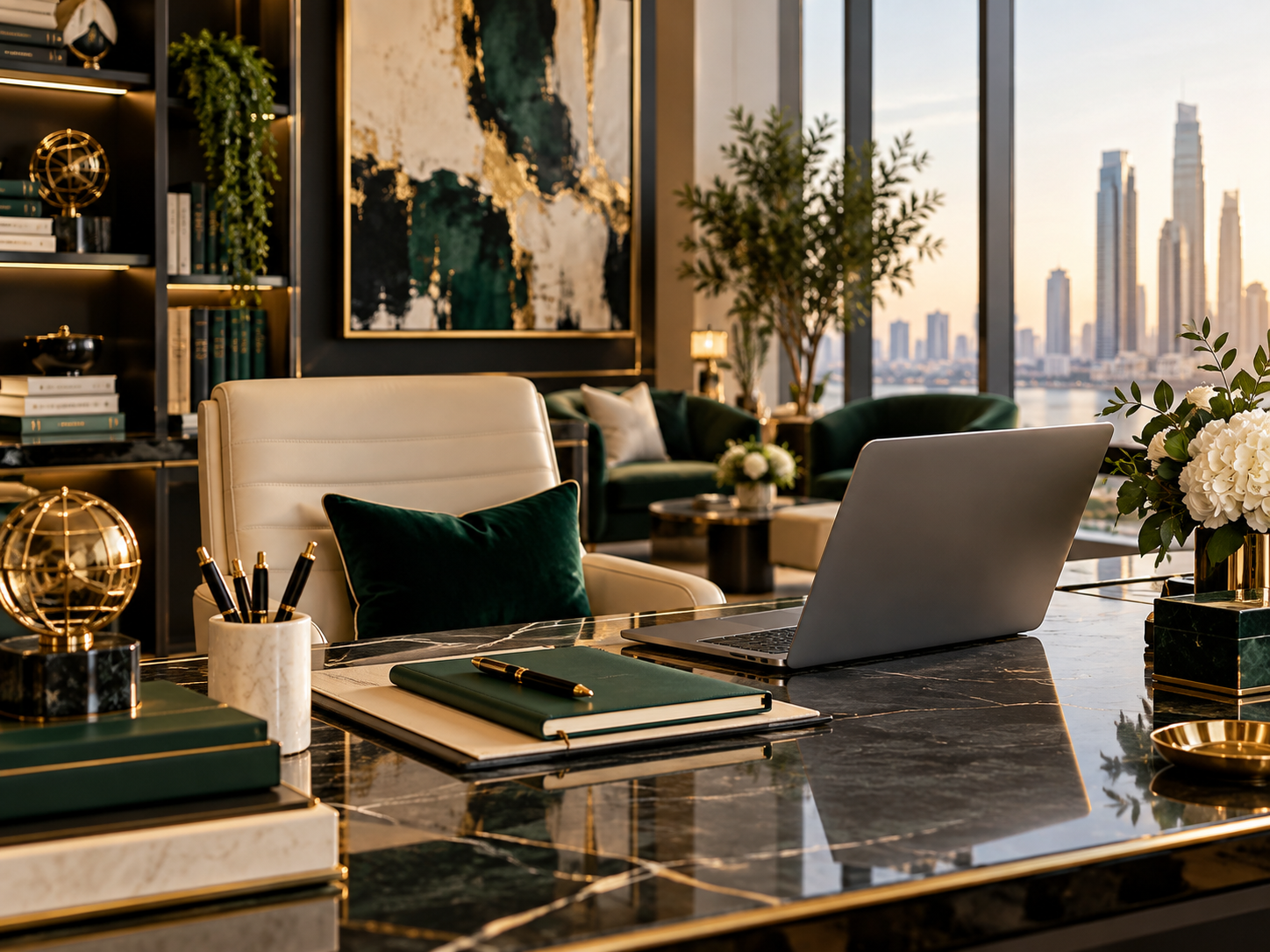 Polished executive workspace with laptop, emerald accents and gold decor