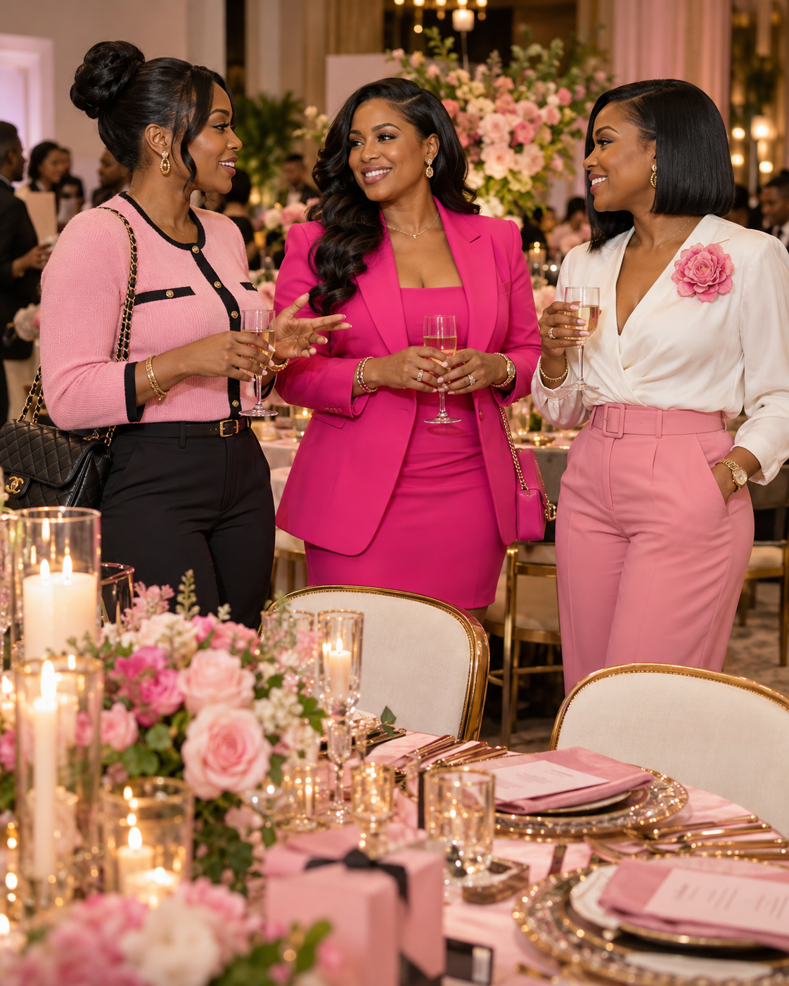 Three women in pink suiting, knitwear, and tailored trousers at a candlelit table