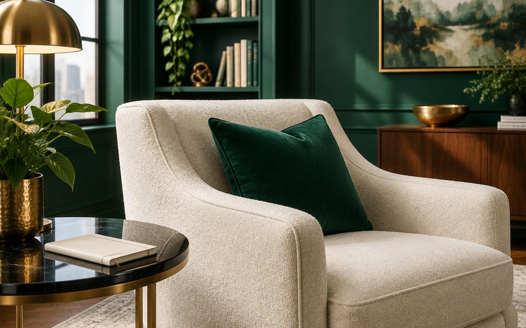 Cream armchair in a refined emerald coaching space