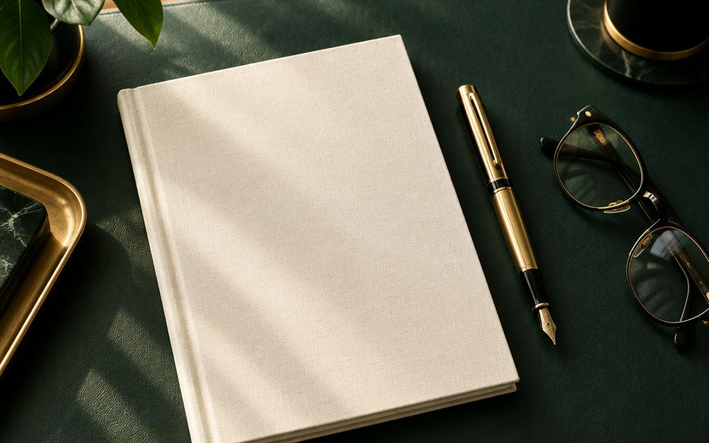 Cream notebook and gold pen on an emerald strategy desk