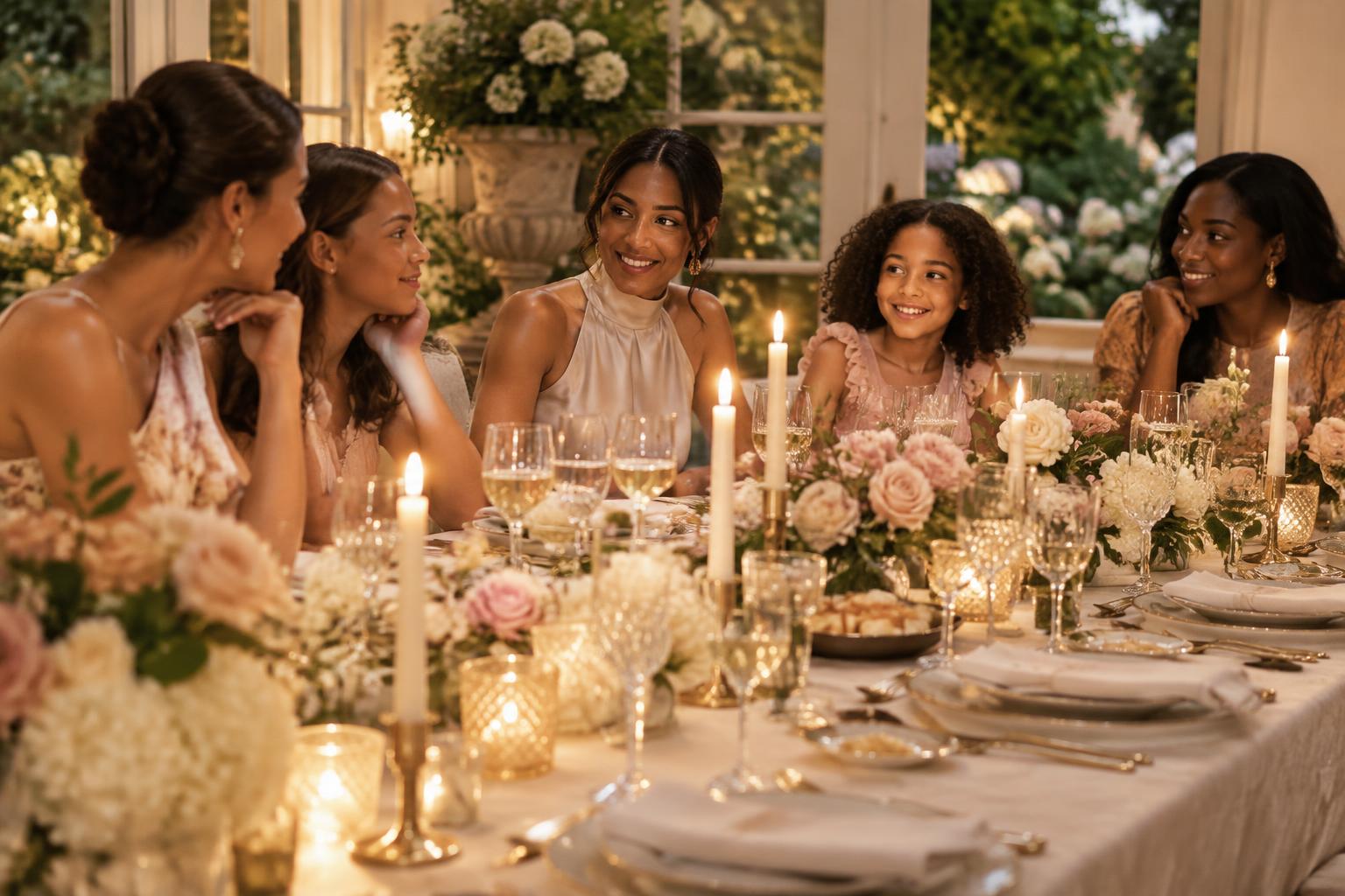 Women and girls connecting around a candlelit table with blush florals